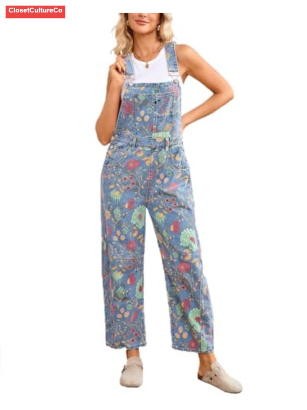 Women Floral Denim Overalls Barrel Leg Adjustable Strap Jean Jumpsuit